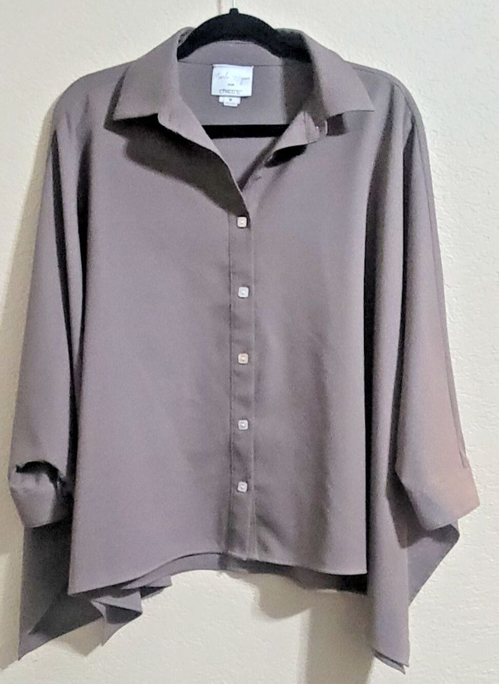 Marla Wynne Chico's Crepe Dolman Slv Shirt top sz M OVSZ taupe lagenlook blouse